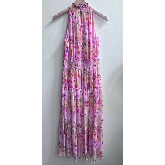 Taylor Chiffon Floral Print Pink Smocked Mock Neck Tiered Maxi Dress Size 10 - Picture 2 of 9